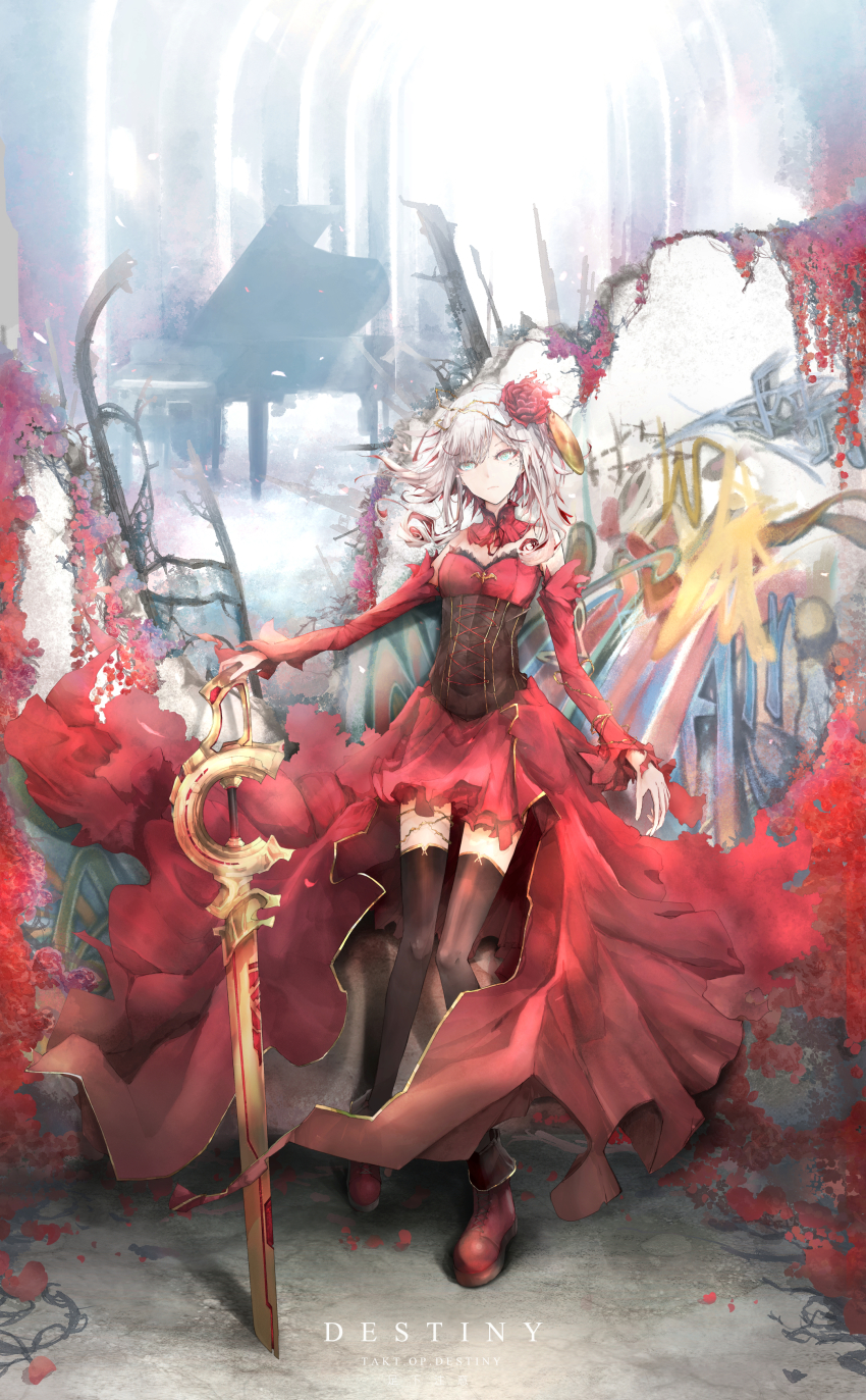 1girl, abcd1234ken, absurdres, black_thighhighs, breasts, character_name, cleavage, closed_mouth, colored_inner_hair, copyright_name, corset, cross-laced_clothes, cross-laced_corset, day, destiny_(takt_op.), detached_collar, detached_sleeves, dress, floating_hair, flower, frown, full_body, green_eyes, hand_on_hilt, highres, jewelry, long_hair, long_sleeves, looking_at_viewer, multicolored_hair, outdoors, red_dress, red_flower, red_hair, red_ribbon, red_sleeves, ribbon, short_dress, solo, strapless, strapless_dress, sword, takt_op., thighhighs, thighlet, two-tone_hair, underbust, weapon, white_hair, zettai_ryouiki