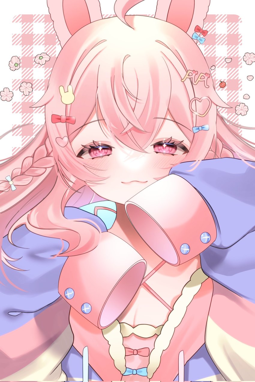 1girl, :3, ahoge, animal_ears, azuki_anko, bad_id, bad_twitter_id, blue_ribbon