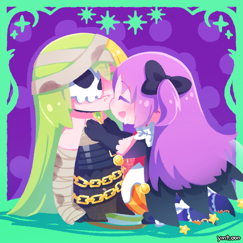 2girls, alina_gray, alina_gray_(halloween_ver.), bandaged_arm, bandages, blush, bubble_skirt, chain