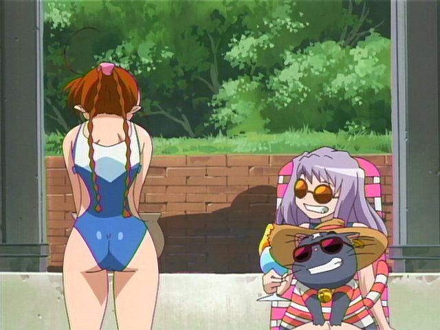 00s, 2girls, anime_screenshot, arika_yumemiya, ass, blue_one-piece_swimsuit, braid, brown_hair, cat, from_behind, garderobe_swimsuit, glasses, grin, mashiro_blan_de_windbloom, mikoto_(my-otome), minagi_mikoto, multiple_girls, my-otome, one-piece_swimsuit, orange-tinted_eyewear, school_swimsuit, sitting, smile, standing, sunglasses, swimsuit, tinted_eyewear, tree