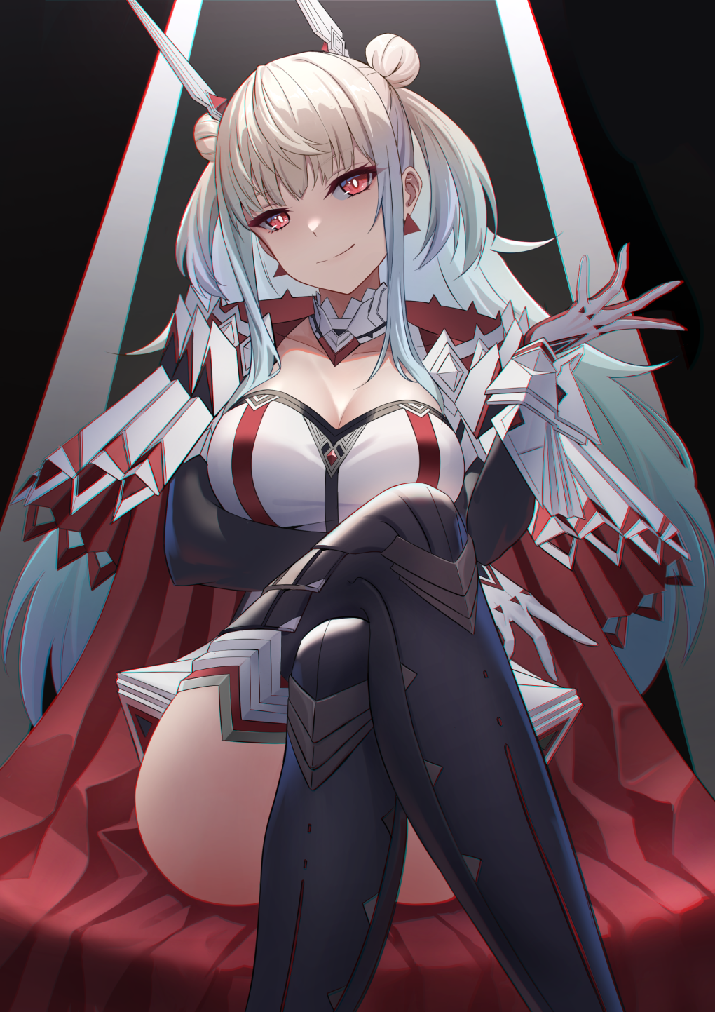 1girl, aqua_hair, arm_under_breasts, ass, black_background, black_boots, black_sleeves, blonde_hair, blue_hair, boots, breasts, bright_pupils, cape, chromatic_aberration, cleavage, closed_mouth, collarbone, commentary, convenient_censoring, convenient_leg, crossed_legs, detached_collar, double_bun, earrings, feet_out_of_frame, gloves, gradient_hair, grey_hair, hair_bun, hair_ornament, hand_up, head_tilt, highres, jewelry, large_breasts, long_hair, looking_at_viewer, multicolored_hair, on_throne, open_hands, phantasy_star, phantasy_star_online_2, red_cape, red_eyes, shiva_(pso2), sion_(9117), sitting, smile, solo, spread_fingers, thigh_boots, thighs, throne, triangle_earrings, very_long_hair, white_gloves