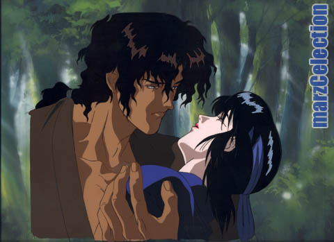 1boy, 1girl, forest, headband, japanese_clothes, juubee_ninpuuchou, kagerou_(juubee_ninpuuchou), kibagami_juubee