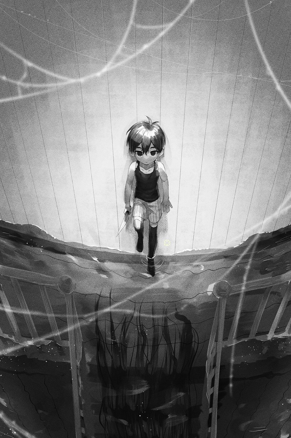 1boy, black_eyes, black_hair, black_thighhighs, closed_mouth, collarbone, colored_skin, expressionless, from_above, highres, holding, holding_knife, knife, looking_away, omori, omori_(omori), short_hair, solo, something_(omori), something_in_the_water_(omori), spoilers, tank_top, thighhighs, toastytoast, white_skin