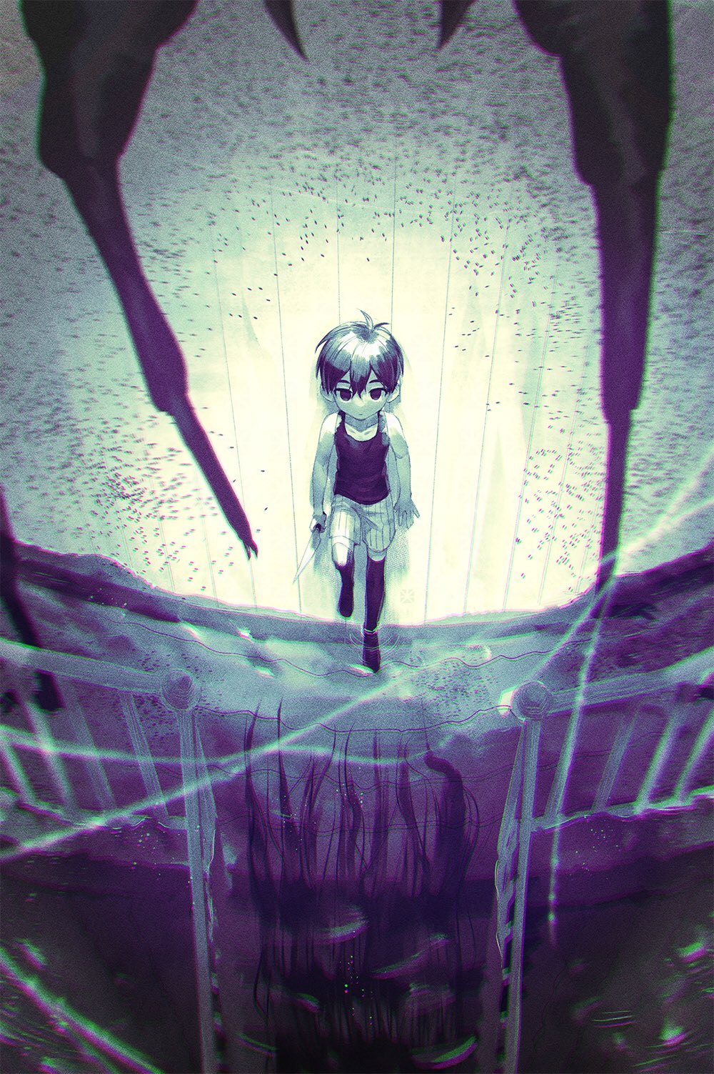 1boy, black_eyes, black_hair, black_thighhighs, closed_mouth, collarbone, colored_skin, expressionless, from_above, highres, holding, holding_knife, knife, looking_away, omori, omori_(omori), short_hair, solo, something_(omori), something_in_the_walls_(omori), something_in_the_water_(omori), spoilers, tank_top, thighhighs, toastytoast, white_skin