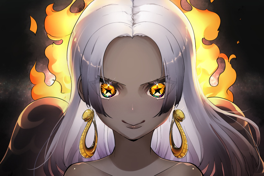 1girl, absurdres, bare_shoulders, black_wings, closed_mouth, collarbone, dark-skinned_female, dark_skin, earrings, fire, grey_hair, highres, jewelry, long_hair, looking_at_viewer, mikamiruka_0728, one_piece, parted_bangs, s-snake, seraphim_(one_piece), smile, snake_earrings, solo, star-shaped_pupils, star_(symbol), symbol-shaped_pupils, white_hair, wings, yellow_eyes