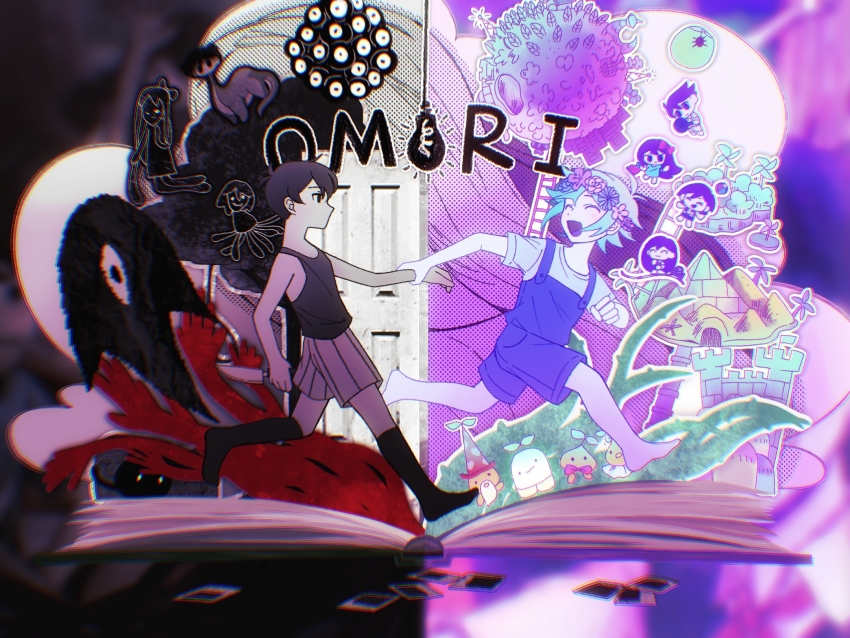 2boys, aeanne, aubrey_(headspace)_(omori), aubrey_(omori), barefoot, basil_(headspace)_(omori), basil_(omori), black_eyes, black_hair, black_socks, blush, bug, chromatic_aberration, closed_eyes, colored_skin, expressionless, facing_another, green_hair, hero_(headspace)_(omori), hero_(omori), herosaurus_(omori), highres, holding_hands, jash_(omori), kel_(headspace)_(omori), kel_(omori), kneehighs, lili_(omori), looking_at_another, lucius_(omori), mari_(headspace)_(omori), mari_(omori), multiple_boys, no_mouth, omori, omori_(omori), open_mouth, overall_shorts, overalls, photo_(object), pinwheel, shirt, short_hair, shorts, smile, socks, something_(omori), spider, spoilers, sprout_mole, tank_top, white_shirt, white_skin