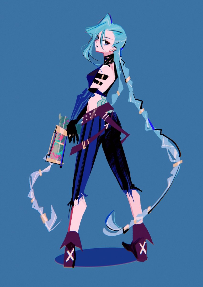 1girl, ankle_ribbon, aqua_hair, belt, blue_background, braid, breasts, brown_footwear, cloud_tattoo, from_behind, full_body, gun, halterneck, handgun, highres, holding, holding_gun, holding_weapon, jinx_(league_of_legends), league_of_legends, leg_ribbon, limited_palette, long_hair, long_legs, looking_at_viewer, looking_back, manodemarina, pants, ribbon, small_breasts, solo, striped_clothes, striped_pants, studded_belt, tattoo, twin_braids, very_long_hair, weapon