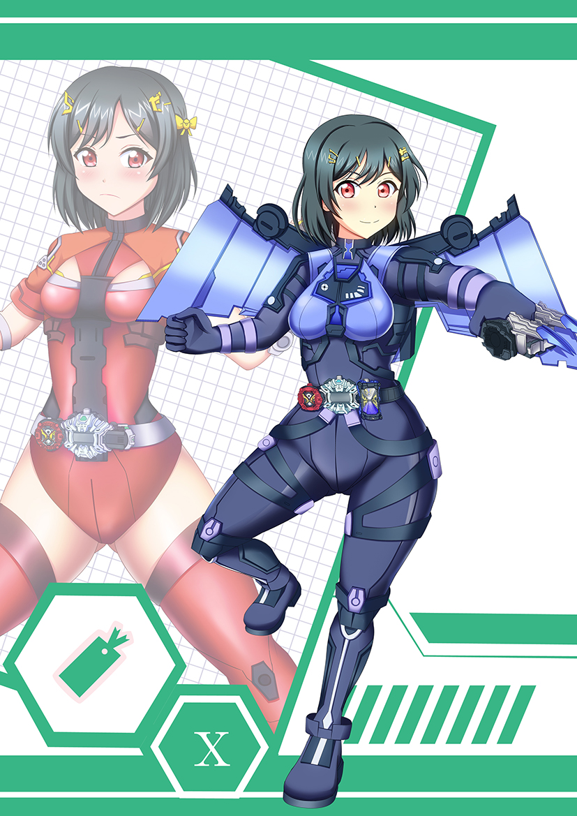 1girl, artist_request, black_hair, blue_hair, dark_blue_hair, geiz_revive_shippu, hair_between_eyes, kamen_rider, kamen_rider_geiz, kamen_rider_zi-o_(series), love_live!, love_live!_nijigasaki_high_school_idol_club, mifune_shioriko, rider-tan, short_hair