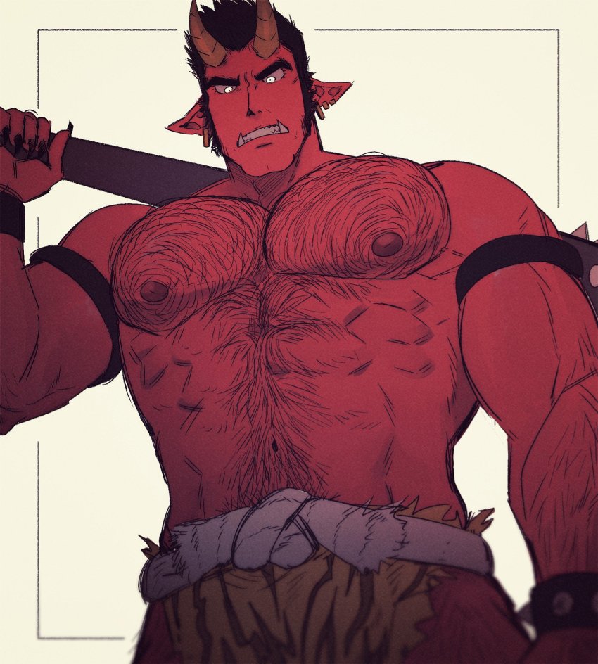 1boy, abs, armband, bara, belt, biceps, black_hair, claws, club_(weapon), demon, demon_boy, ear_piercing, earrings, glowing, glowing_eyes, hairy, highres, holding, holding_weapon, jewelry, kon_likes_corn, large_pectorals, loincloth, male_focus, manly, mature_male, muscular, muscular_arms, muscular_male, nipples, original, pectorals, piercing, pointy_ears, short_hair, simple_background, solo, spiked_hair, thick_eyebrows, topless_male, torn_clothes, tusks, weapon, white_background, white_eyes, wristband