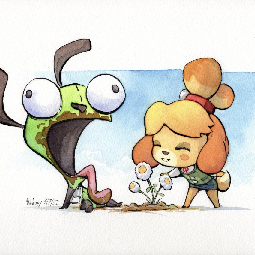 colored_skin, copic_(brand), crossover, flower, green_skin, highres, invader_zim, isabelle_(animal_crossing)