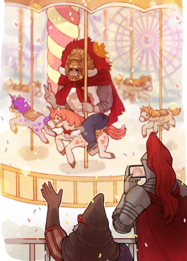 3boys, amusement_park, armor, beard, cape, carousel, colored_skin, confetti