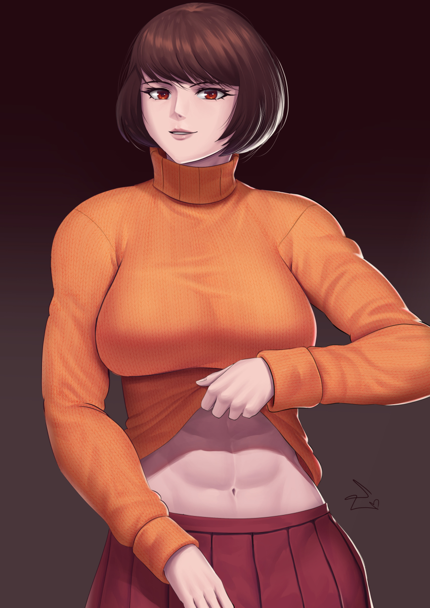 1girl, abs, absurdres, bob_cut, breasts, brown_eyes, brown_hair, clothes_lift