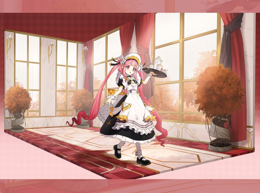 1girl, alchemy_stars, anklet, apron, black_dress, black_shoes, cup, curtains