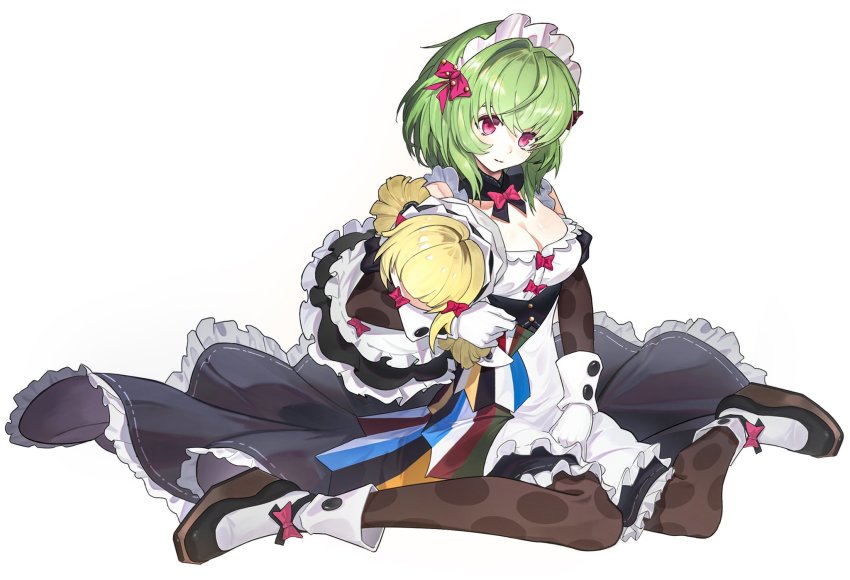 1girl, alchemy_stars, apron, black_dress, black_footwear, breasts, brown_pantyhose, cleavage