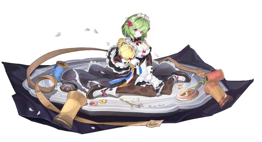 1girl, alchemy_stars, apron, black_dress, black_footwear, breasts, brown_pantyhose, buttons, cleavage, closed_mouth, detached_sleeves, doll, dress, flower, full_body, gloves, green_hair, highres, leoyingjun, long_sleeves, maid_apron, maid_headdress, medium_breasts, oversized_object, pantyhose, petals, plate, platform_footwear, red_eyes, sanae_(alchemy_stars), short_hair, simple_background, sitting, smile, solo, spool, tape_measure, wariza, white_background, white_gloves