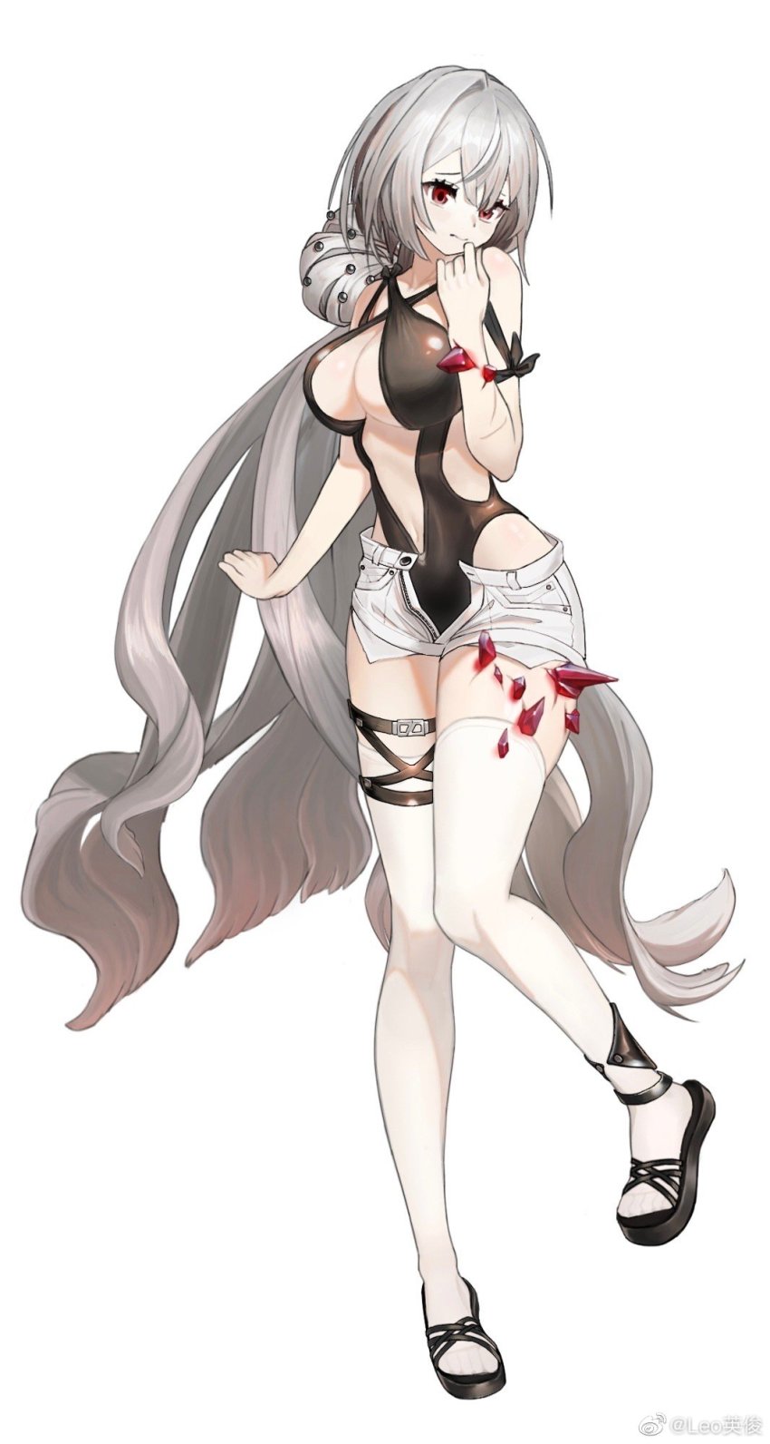 1girl, alchemy_stars, bare_shoulders, beryl_(alchemy_stars), beryl_(day_in_the_sand)_(alchemy_stars), breasts, casual_one-piece_swimsuit, cleavage, closed_mouth, full_body, grey_hair, hair_bun, hand_up, highres, large_breasts, leoyingjun, long_hair, navel, one-piece_swimsuit, raised_eyebrows, red_eyes, sandals, scar, scar_on_arm, short_shorts, shorts, simple_background, solo, swimsuit, thigh_strap, thighhighs, very_long_hair, watermark, weibo_watermark, white_background, white_shorts, white_thighhighs