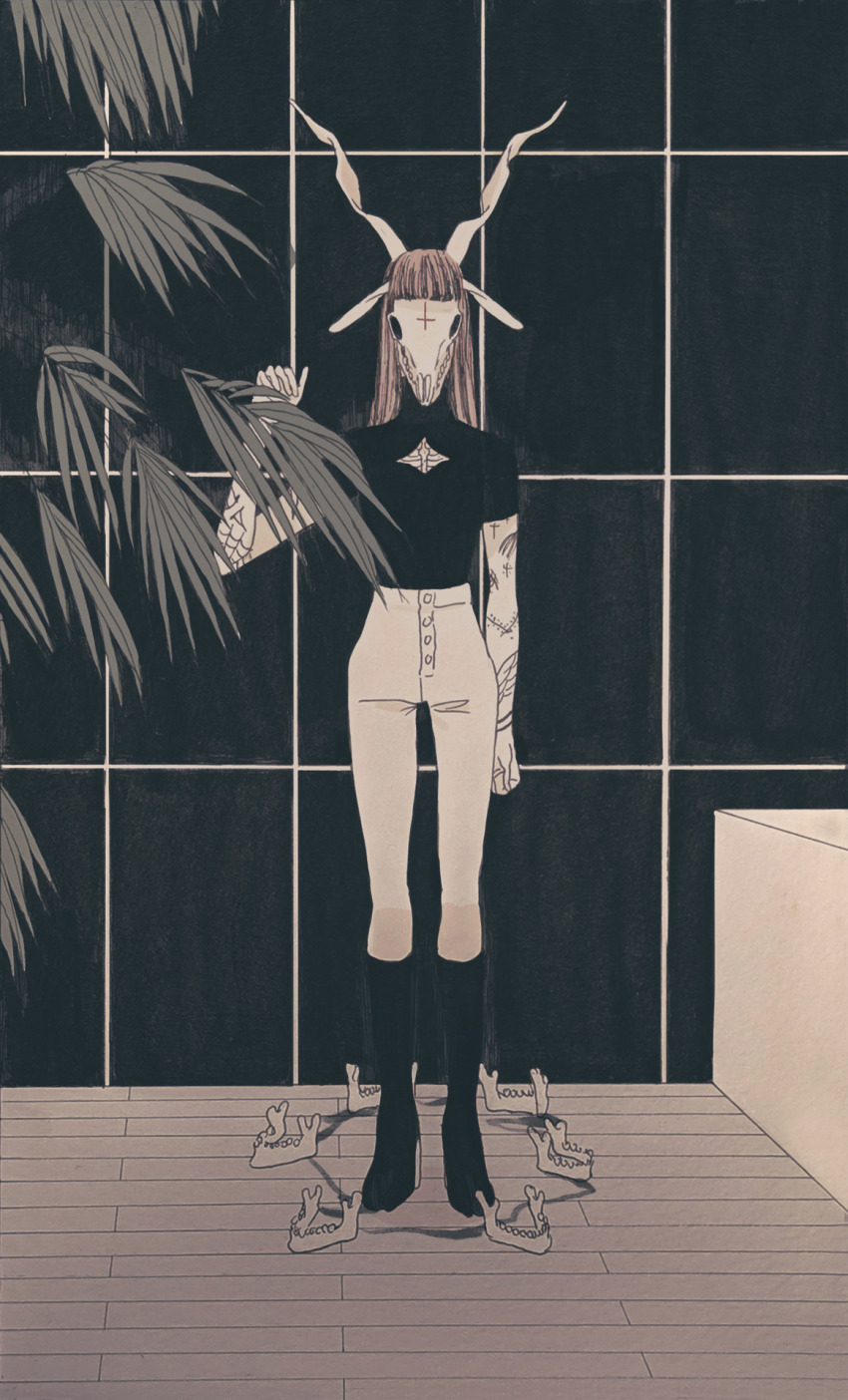 1girl, animal_skull, cochlea1313, cross, highres, horror_(theme), inverted_cross, leaf, original, palm_leaf, ritual, skull, tattoo, window