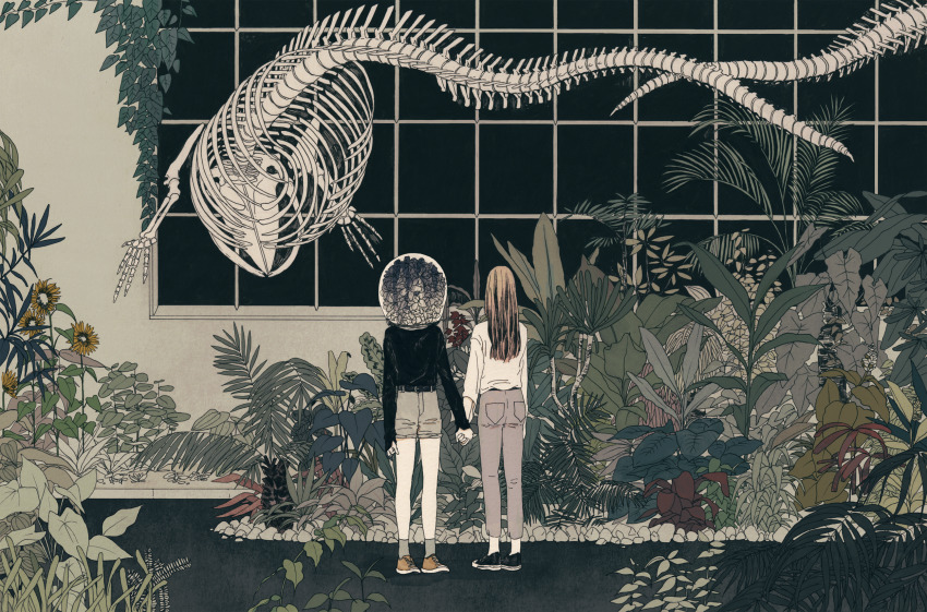 absurdly_detailed_composition, animal_skeleton, animal_skull, cochlea1313, fern, flower, hand_grab, highres