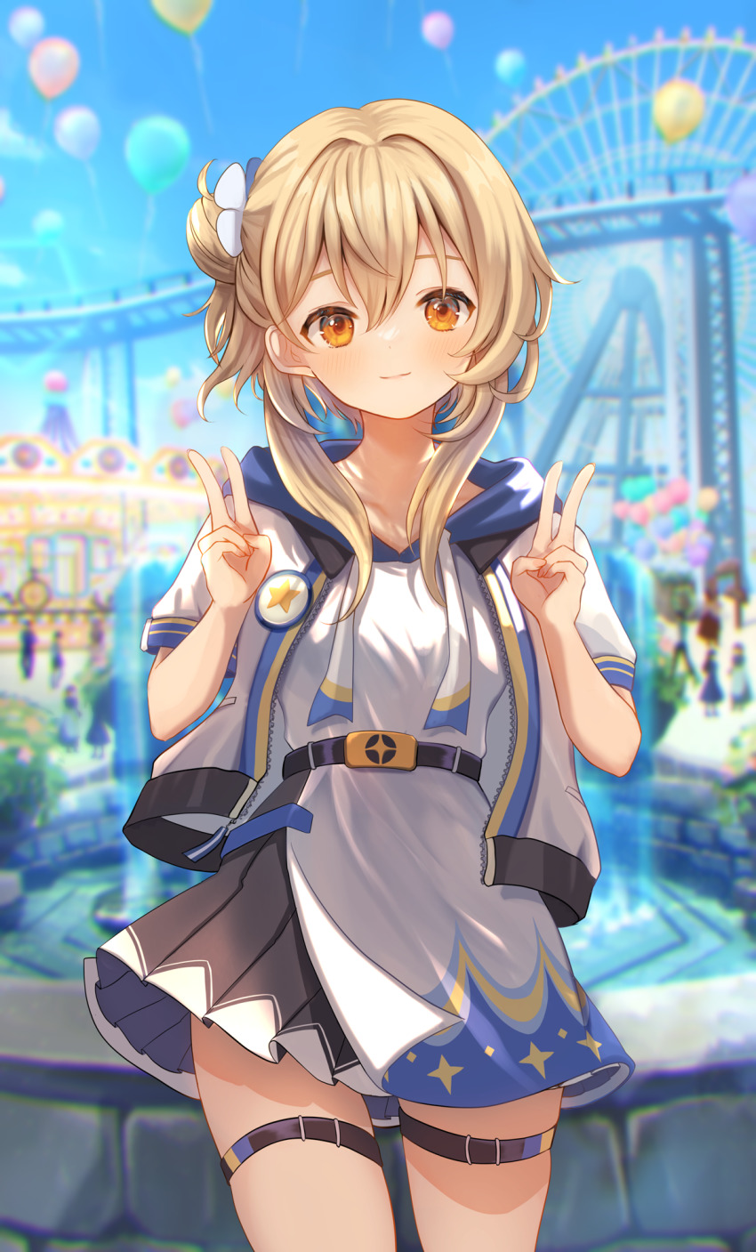 1girl, alternate_costume, alternate_hairstyle, amusement_park, balloon, belt, black_skirt, blue_sky, blurry, blurry_background, blush, closed_mouth, cowboy_shot, day, double_v, flower, genshin_impact, hair_between_eyes, hair_bun, hair_flower, hair_intakes, hair_ornament, hands_up, highres, hood, hood_down, hooded_jacket, jacket, looking_at_viewer, lumine_(2nd_anniversary)_(genshin_impact), lumine_(genshin_impact), marekamico, one_side_up, open_clothes, open_jacket, outdoors, pleated_skirt, shirt, short_hair_with_long_locks, short_sleeves, sidelocks, skirt, sky, smile, solo_focus, star_(symbol), thigh_strap, thighs, v, white_jacket, white_shirt, yellow_eyes, zipper_pull_tab