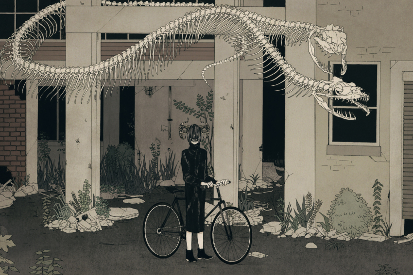 1girl, animal_skeleton, bicycle, building, cochlea1313, highres, horror_(theme), multiple_heads