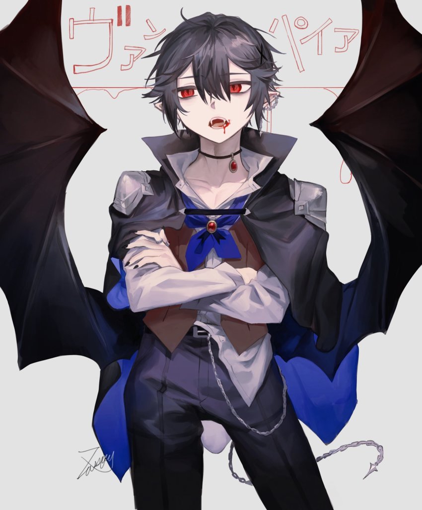 1boy, black_cape, black_choker, black_hair, black_wings, blood, blood_from_mouth, blue_cape