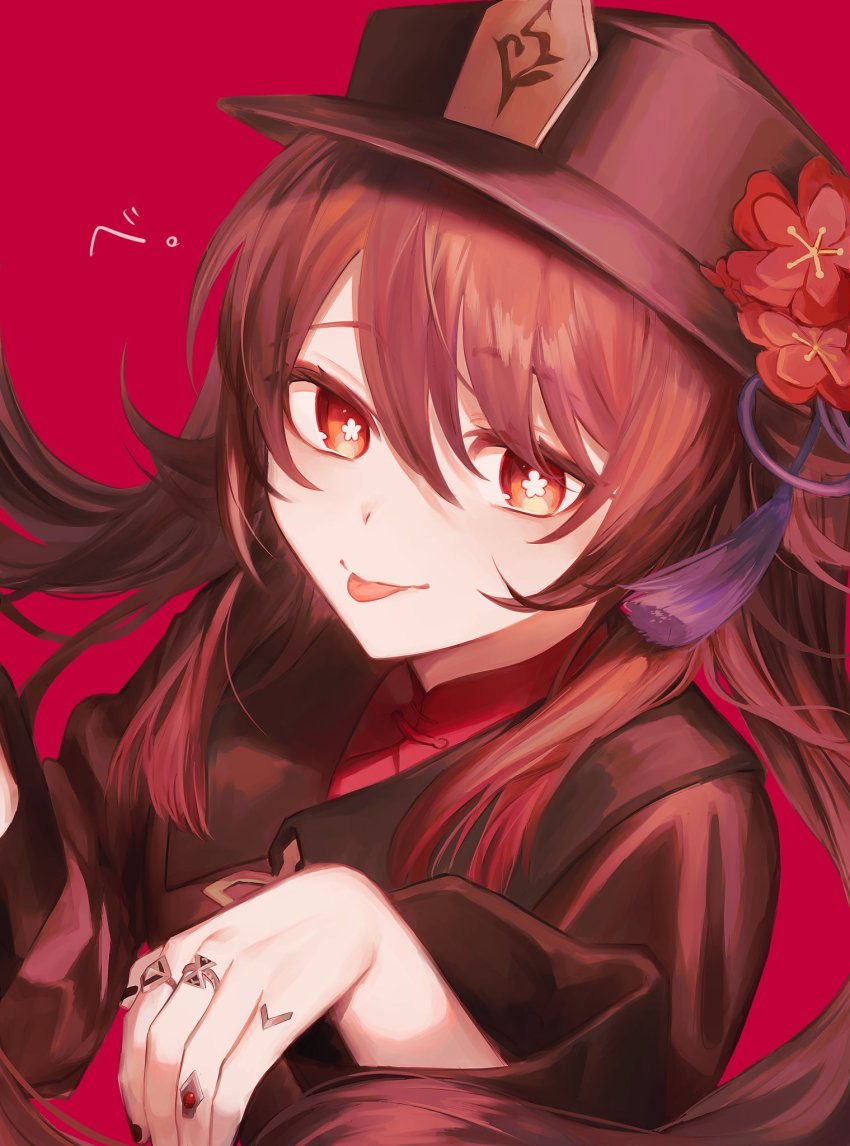 1girl, black_hat, black_nails, brown_hair, flower, flower-shaped_pupils, genshin_impact, gradient_hair, hair_between_eyes, hat, hat_flower, highres, hu_tao_(genshin_impact), jewelry, long_hair, long_sleeves, looking_at_viewer, multicolored_hair, multiple_rings, nail_polish, red_background, red_eyes, red_flower, red_hair, ring, sidelocks, simple_background, solo, symbol-shaped_pupils, twintails, upper_body, very_long_hair, zaso