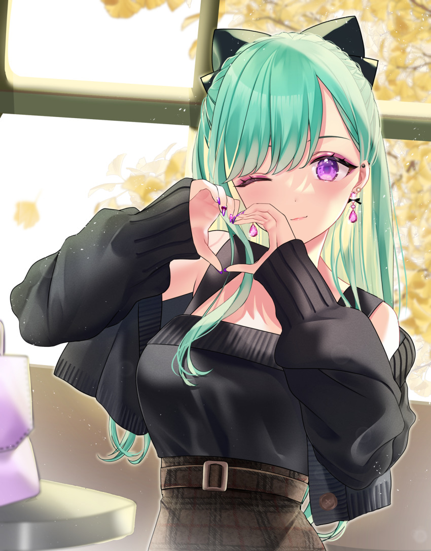 1girl, ;), alternate_costume, autumn, autumn_leaves, bag, belt, black_bow