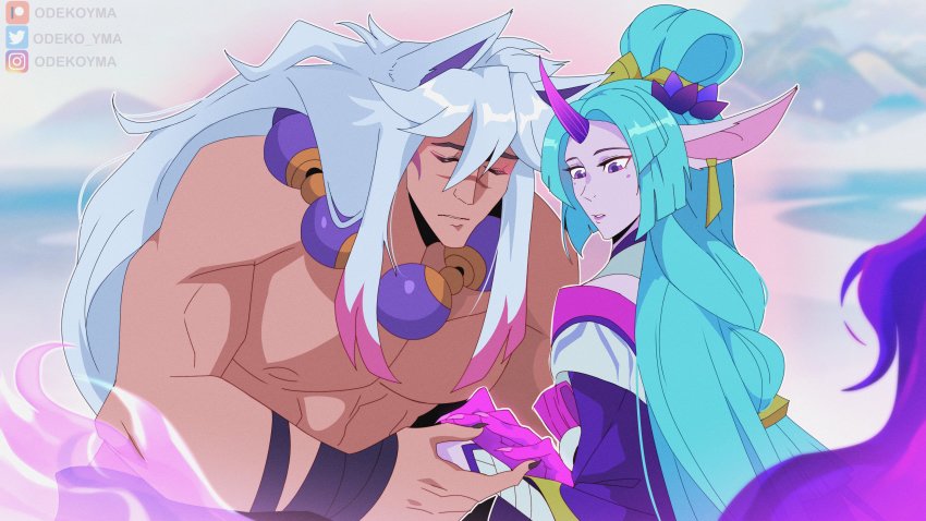 1boy, 1girl, absurdres, bare_shoulders, bead_necklace, beads, black_nails, blue_nails