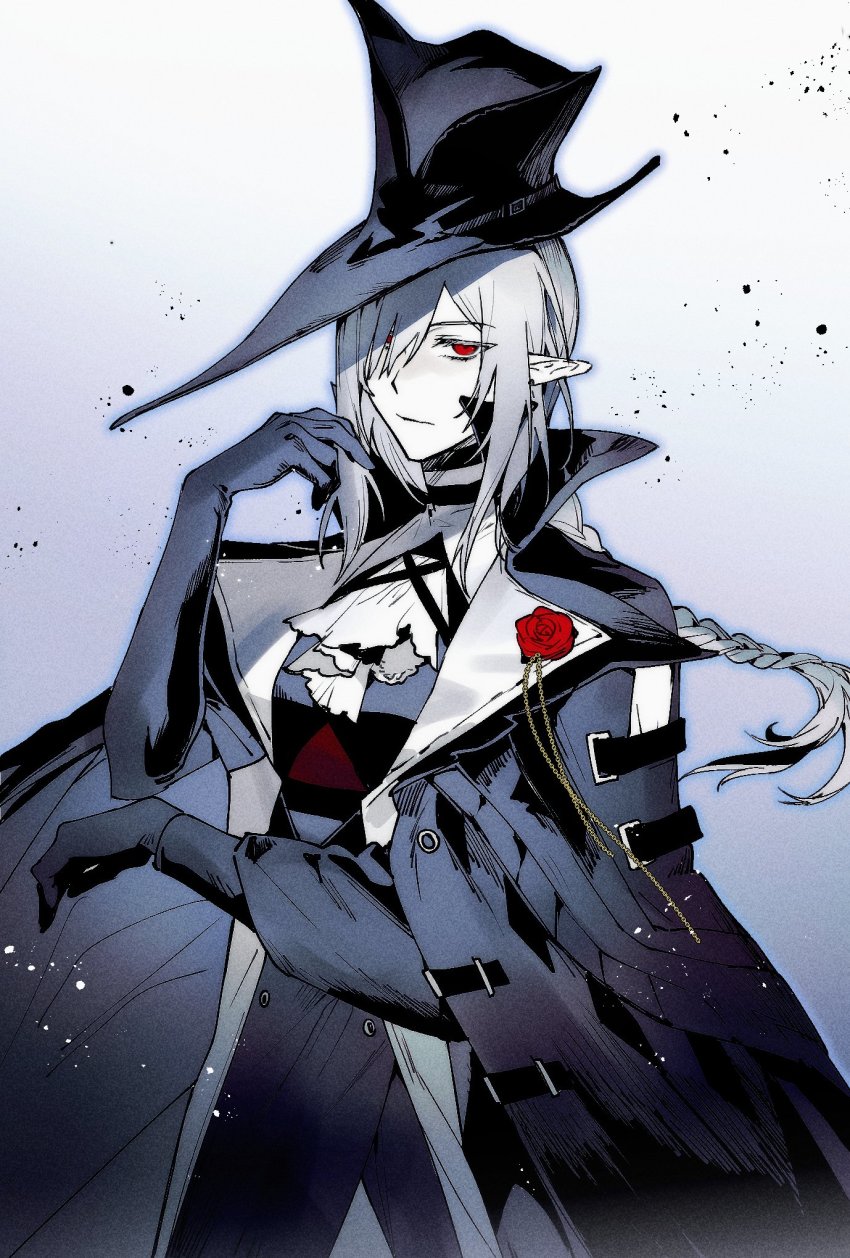 1girl, arknights, ascot, black_gloves, black_hat, braid, cape, closed_mouth