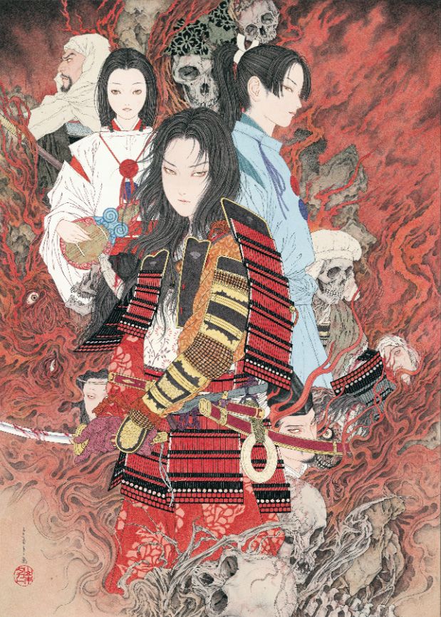 3boys, 3girls, armor, black_hair, dou, fine_art_parody, horror_(theme), japanese_armor, japanese_clothes, katana, kusazuri, minamoto_no_yoshitsune_(real_life), multiple_boys, multiple_girls, nihonga, original, parody, ponytail, samurai, scabbard, sheath, short_sword, shoulder_armor, skull, sode, sword, tachi_(weapon), tantou, third-party_source, ukiyo-e, weapon, yamamoto_takato