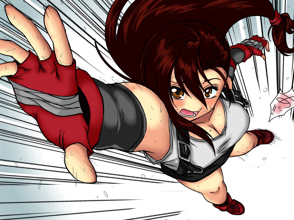 1990s_(style), 1girl, breasts, brown_eyes, brown_hair, cleavage, female_focus, final_fantasy, final_fantasy_vii, fingerless_gloves, gloves, hamaguri_koutarou, long_hair, miniskirt, open_mouth, retro_artstyle, skirt, solo, square_enix, suspenders, sweat, tank_top, tifa_lockhart
