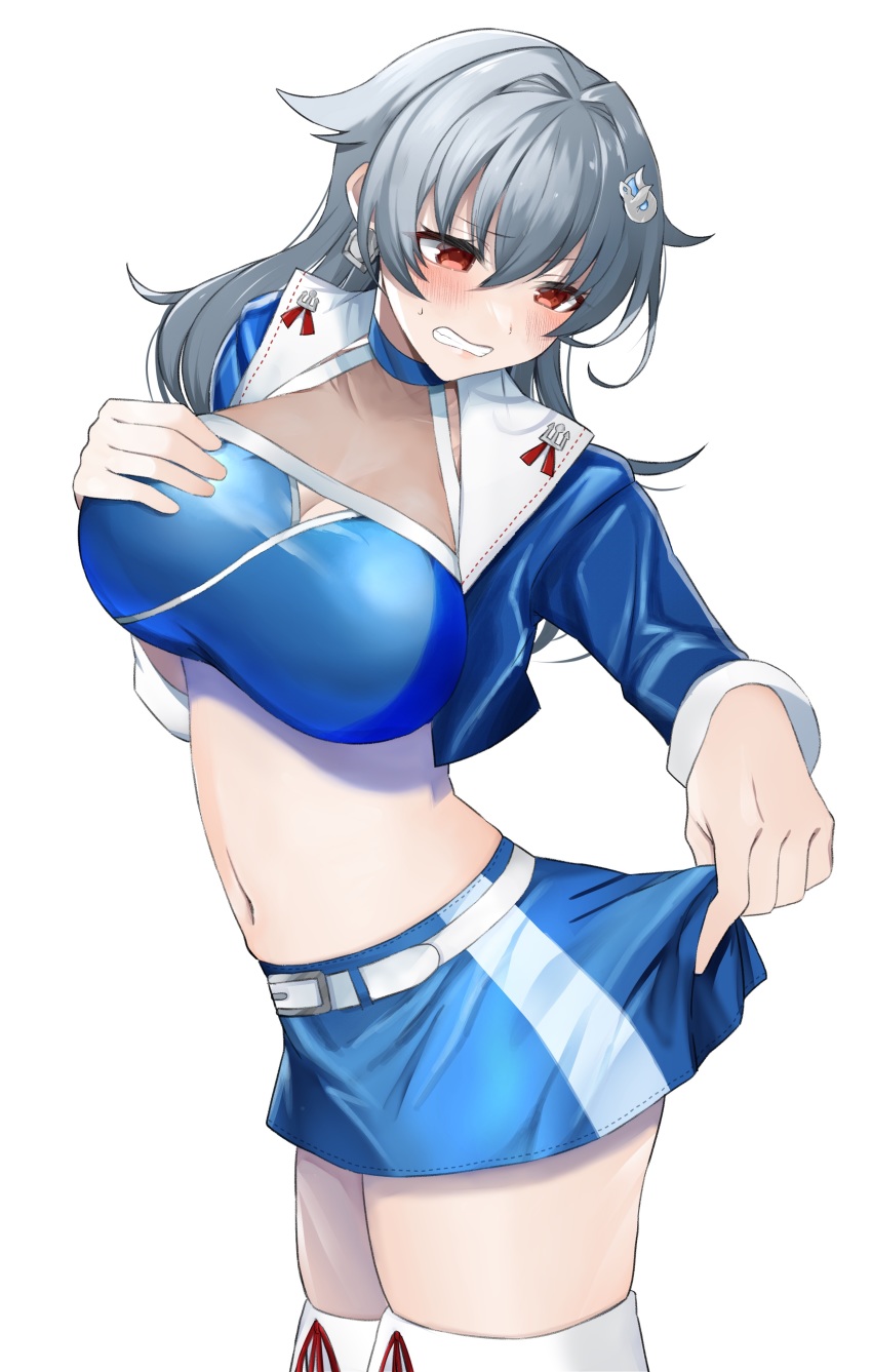 1girl, absurdres, black_hair, blue_jacket, blue_skirt, breasts, commentary_request, commission