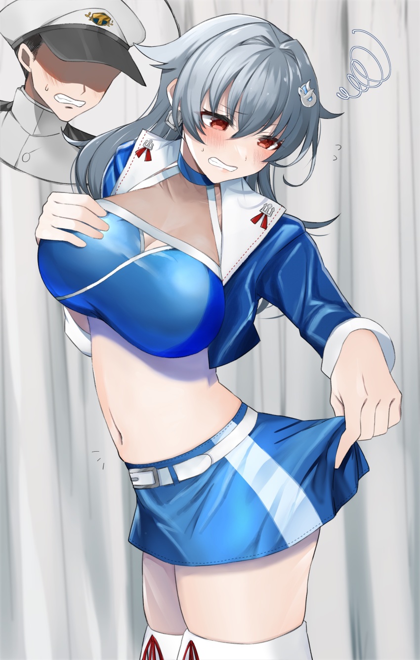 1girl, absurdres, admiral_(kancolle), black_hair, blue_jacket, blue_skirt, body_switch, breasts, commentary_request, commission, cowboy_shot, cropped_jacket, hair_flaps, halterneck, highres, holding_own_skirt, jacket, jingei_(kancolle), jingei_(race_queen)_(kancolle), kantai_collection, large_breasts, looking_back, miniskirt, personality_switch, race_queen, red_eyes, skeb_commission, skirt, solo, thighhighs, toriniku_senshi_chikinman, turtleneck, white_thighhighs, wince