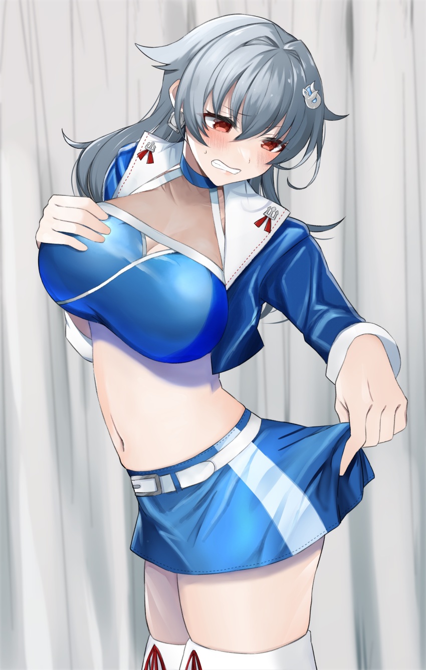 1girl, absurdres, black_hair, blue_jacket, blue_skirt, breasts, commentary_request, commission
