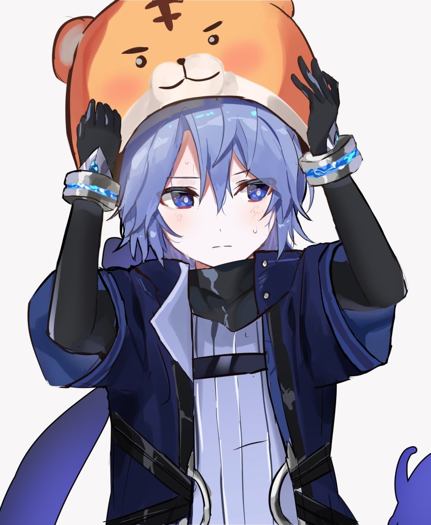 1boy, animal_hat, black_gloves, blue_eyes, blue_jacket, blush, bracelet, commentary_request, elbow_gloves, elsword, gloves, grey_background, hair_between_eyes, hat, highres, jacket, jewelry, korean_commentary, looking_to_the_side, male_focus, noah_ebalon, open_clothes, open_jacket, pba_471, purple_hair, ribbed_shirt, shirt, short_hair, short_sleeves, silent_shadow_(elsword), simple_background, solo, sweat, tiger_hat, upper_body, white_shirt