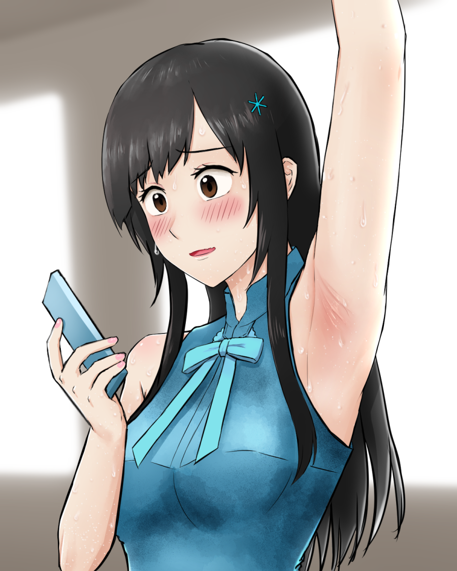 1girl, arm_up, armpits, black_hair, blue_ribbon, blue_shirt, blurry, blurry_background