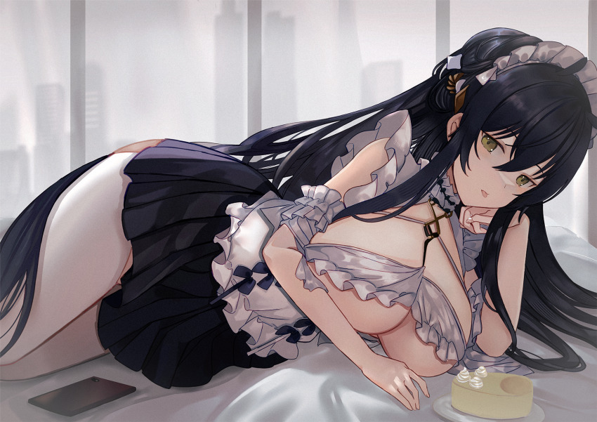 1girl, ass_cutout, azur_lane, black_hair, black_skirt, breasts, cellphone, choker