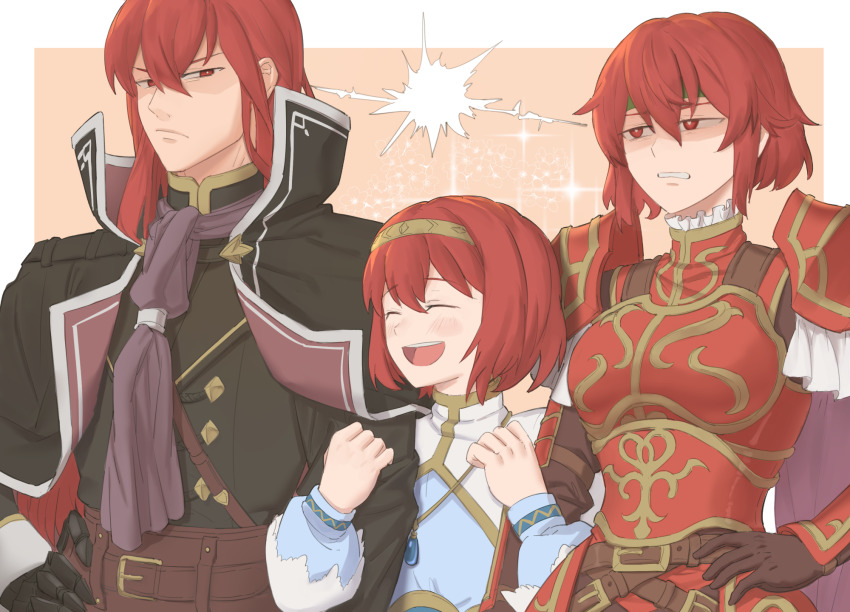 1boy, 2girls, :d, angry, arm_hug, armor, belt, brother_and_sister, brown_gloves, clenched_teeth, closed_eyes, coat, disgust, dress, ebinku, fire_emblem, fire_emblem:_mystery_of_the_emblem, fire_emblem:_shadow_dragon, frown, gauntlets, glaring, gloves, green_headband, hairband, headband, highres, looking_at_another, maria_(fire_emblem), medium_hair, michalis_(fire_emblem), minerva_(fire_emblem), multiple_girls, nintendo, open_mouth, pink_background, red_armor, red_eyes, red_hair, scowl, shaded_face, short_hair, siblings, simple_background, sisters, smile, teeth, turtleneck, turtleneck_dress, upper_body, v-shaped_eyebrows, white_dress