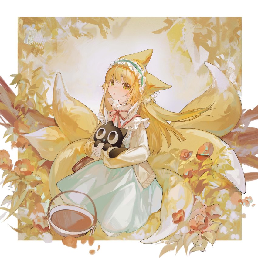 1girl, animal, animal_ear_fluff, animal_ears, arknights, basket, bellflower, blonde_hair