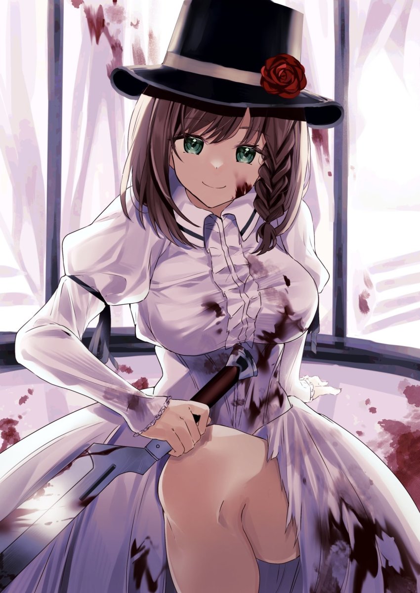 1girl, blood, blood_on_clothes, blood_on_face, braid, breasts, brown_hair, charlotte_corday_(fate)