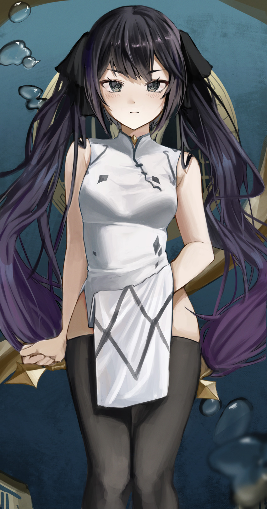 1girl, absurdres, alternate_costume, arm_at_side, bare_shoulders, black_thighhighs, blue_hair, china_dress