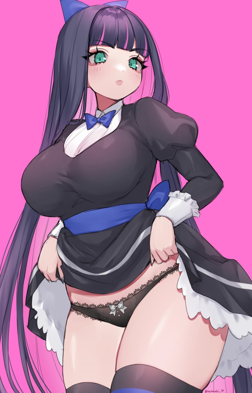 1girl, absurdres, black_dress, blue_bow, blue_hair, blue_ribbon, blunt_bangs, bow, breasts, clothes_lift, colored_inner_hair, dress, dress_lift, frilled_panties, frills, green_eyes, hair_bow, highres, large_breasts, long_hair, midriff_peek, multicolored_hair, nemuaki, panties, panty_&amp;_stocking_with_garterbelt, pink_background, pink_hair, ribbon, solo, stocking_(psg), streaked_hair, striped_clothes, striped_thighhighs, thick_thighs, thighhighs, thighs, two-tone_hair, underwear