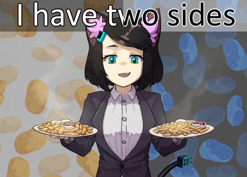 1girl, :d, animal_ears, aqua_eyes, black_hair, black_jacket, buttons, cable