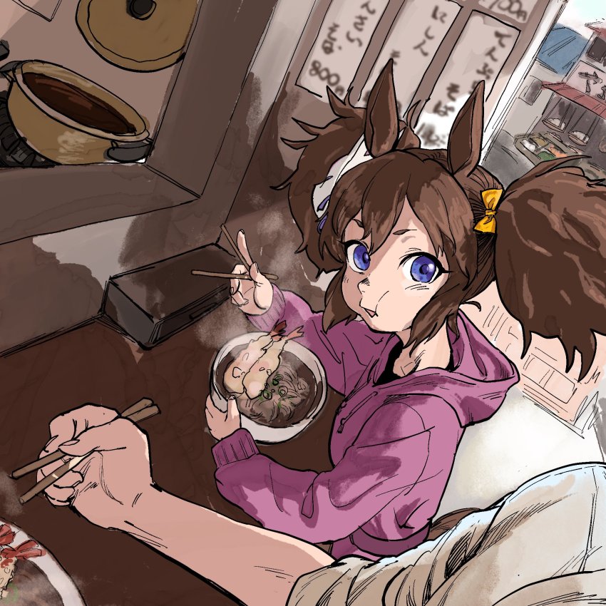 1boy, 1girl, animal_ears, blue_eyes, bowl, breasts, brown_hair, chopsticks
