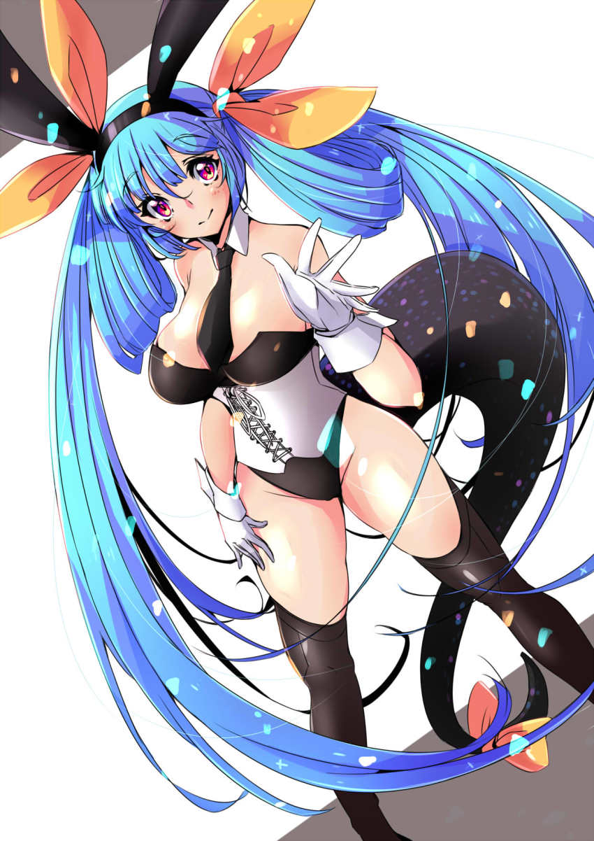 1girl, animal_ears, black_leotard, black_necktie, black_thighhighs, blue_hair, blush, breasts