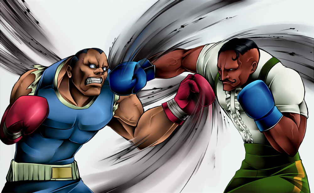 2boys, balrog_(street_fighter), battle, belt, black_hair, boxing, boxing_gloves, capcom