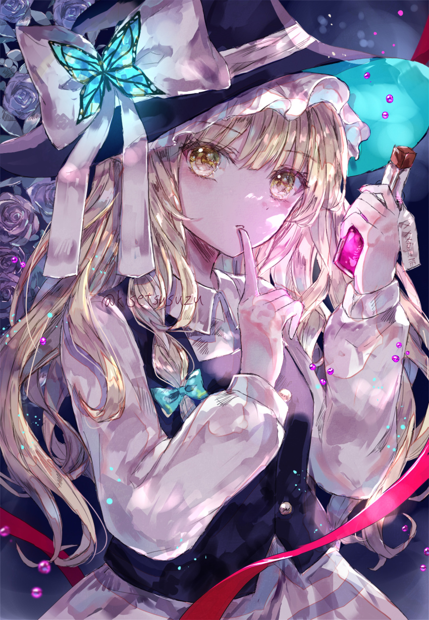 1girl, absurdres, black_hat, blonde_hair, blue_bow, blue_butterfly, blue_flower, blue_rose