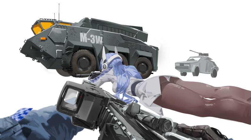 1girl, absurdres, all_ghillied_up, armored_personnel_carrier, armored_vehicle, asimo_(hakurei10201), ass, assault_rifle, bcm_mcmr, bullpup, call_of_duty, call_of_duty_4, commentary_request, girls'_frontline, gun, heads-up_display, highres, iwi_tavor, motor_vehicle, pantyhose, pov, reflex_sight, rifle, sig_mcx, tar-21_(girls'_frontline), tavor_tar-21, upskirt, user_interface, viewer_holding_weapon, weapon, weapon_request, white_background