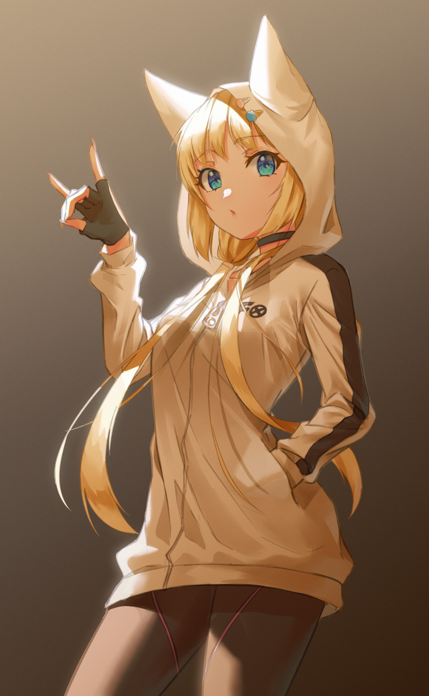 1girl, absurdres, animal_ears, black_choker, black_leggings, blonde_hair, blue_eyes, brown_background