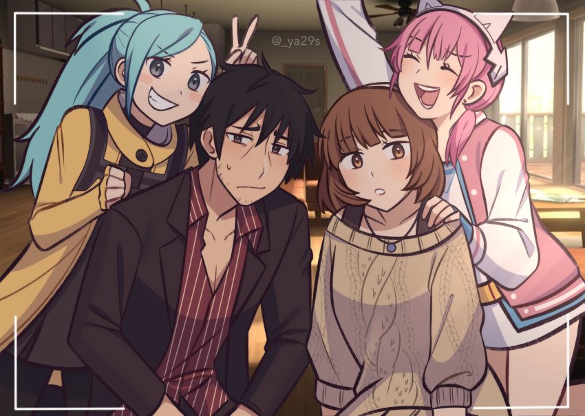 1boy, 3girls, :d, absurdres, ai_the_somnium_files, aqua_hair, blush, bra_strap, brown_eyes, brown_hair, closed_eyes, coat, commentary, cowboy_shot, english_commentary, falco_(ai_the_somnium_files), grey_eyes, grin, highres, indoors, jacket, jewelry, looking_at_viewer, multiple_girls, okiura_mizuki, open_mouth, partially_unbuttoned, pendant, pink_hair, sagan_hitomi, sagan_iris, smile, spoilers, sweater, twitter_username, upper_body, ya29s, yellow_coat
